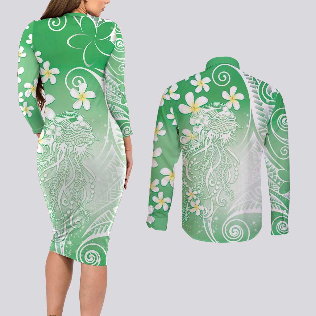 Polynesian Jellyfish Couples Matching Long Sleeve Bodycon Dress and Long Sleeve Button Shirt With Plumeria Green
