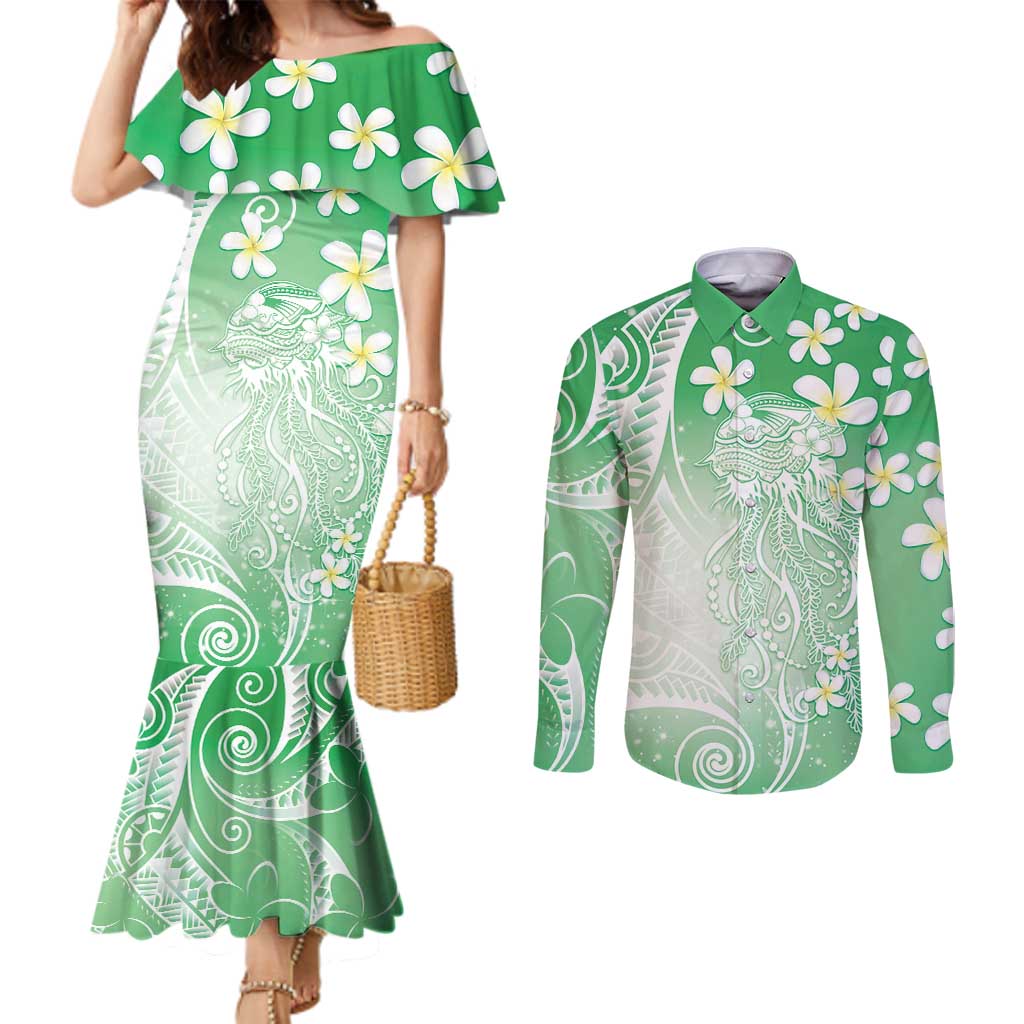 Polynesian Jellyfish Couples Matching Mermaid Dress and Long Sleeve Button Shirt With Plumeria Green LT05 Green - Polynesian Pride