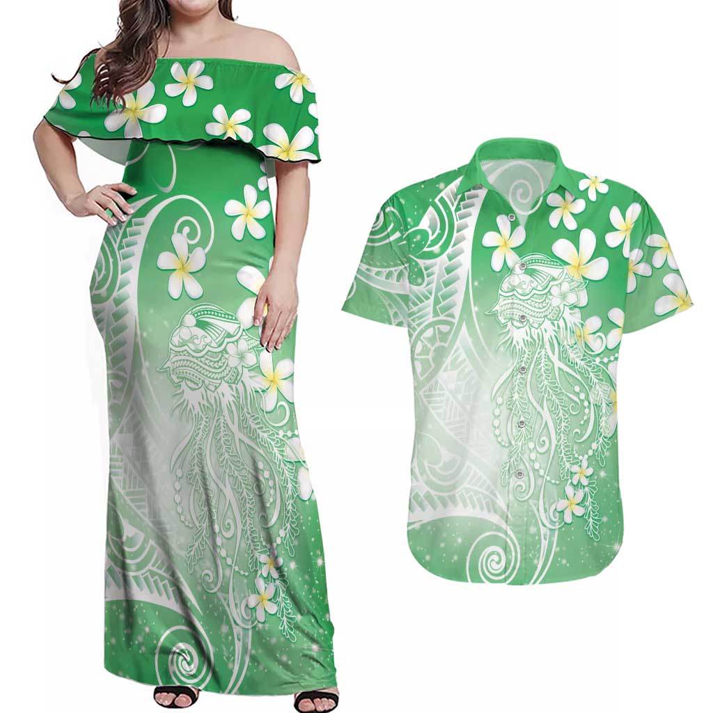 Polynesian Jellyfish Couples Matching Off Shoulder Maxi Dress and Hawaiian Shirt With Plumeria Green