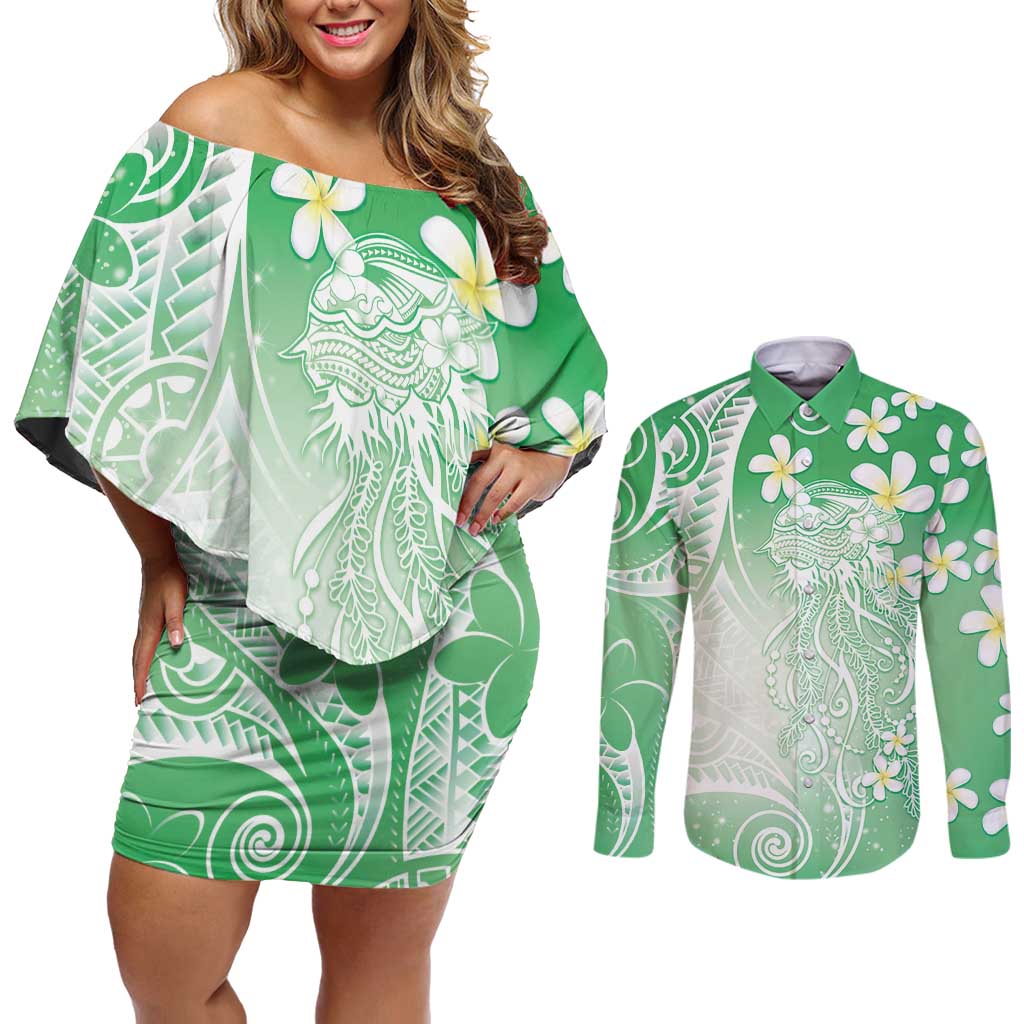 Polynesian Jellyfish Couples Matching Off Shoulder Short Dress and Long Sleeve Button Shirt With Plumeria Green