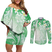 Polynesian Jellyfish Couples Matching Off Shoulder Short Dress and Long Sleeve Button Shirt With Plumeria Green