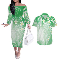 Polynesian Jellyfish Couples Matching Off The Shoulder Long Sleeve Dress and Hawaiian Shirt With Plumeria Green