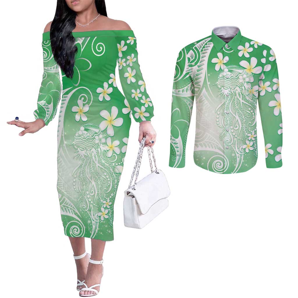 Polynesian Jellyfish Couples Matching Off The Shoulder Long Sleeve Dress and Long Sleeve Button Shirt With Plumeria Green