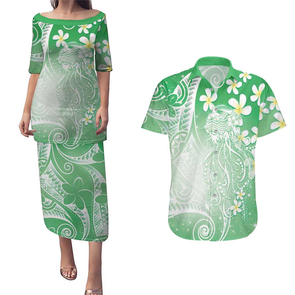 Polynesian Jellyfish Couples Matching Puletasi and Hawaiian Shirt With Plumeria Green