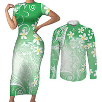Polynesian Jellyfish Couples Matching Short Sleeve Bodycon Dress and Long Sleeve Button Shirt With Plumeria Green