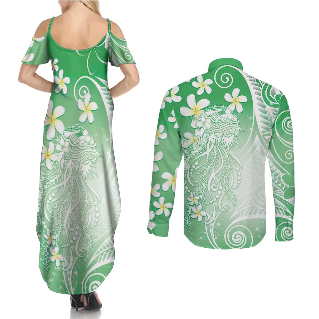 Polynesian Jellyfish Couples Matching Summer Maxi Dress and Long Sleeve Button Shirt With Plumeria Green