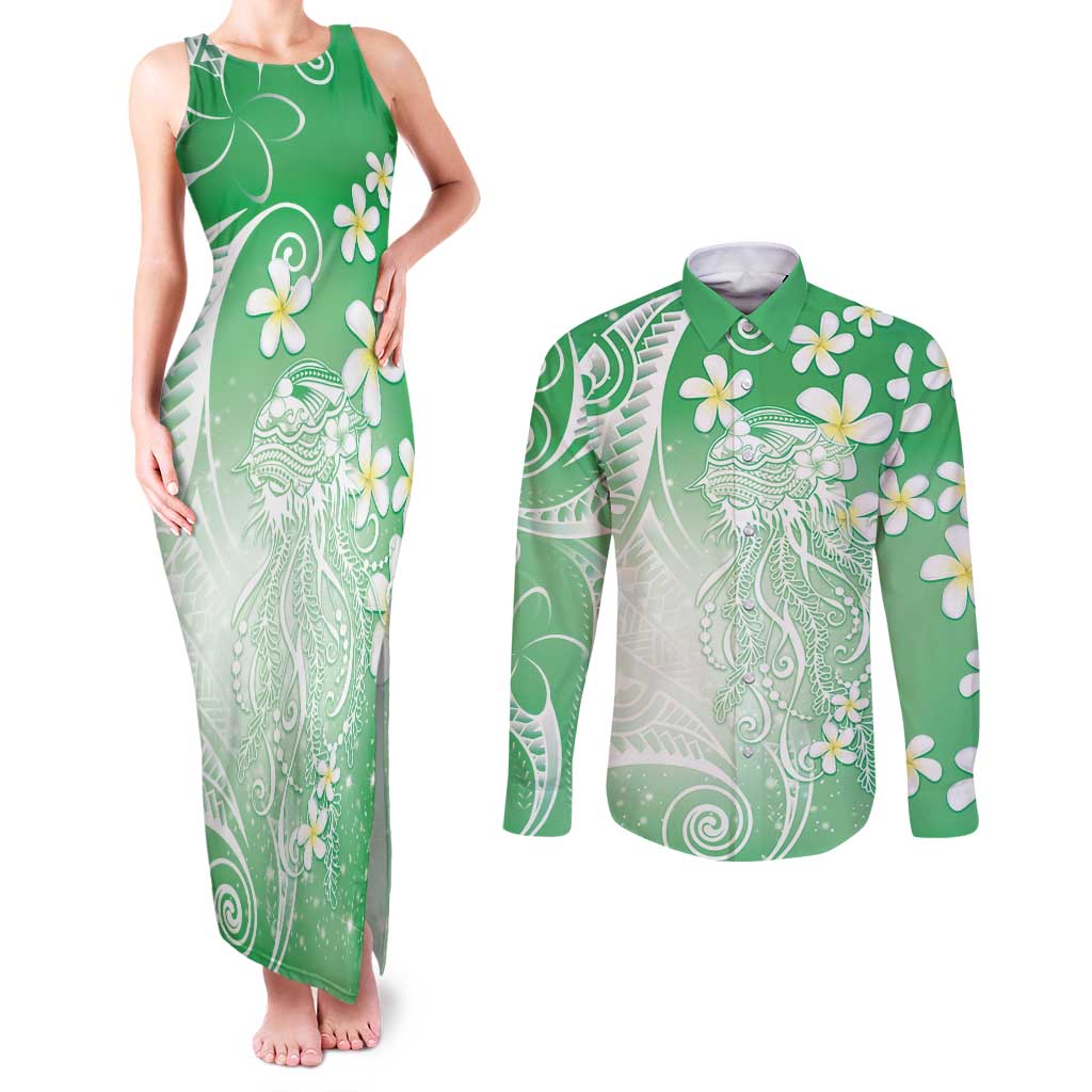 Polynesian Jellyfish Couples Matching Tank Maxi Dress and Long Sleeve Button Shirt With Plumeria Green