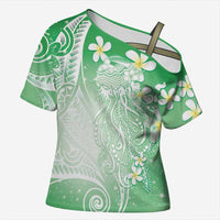 Polynesian Jellyfish Cross Shoulder Shirt With Plumeria Green