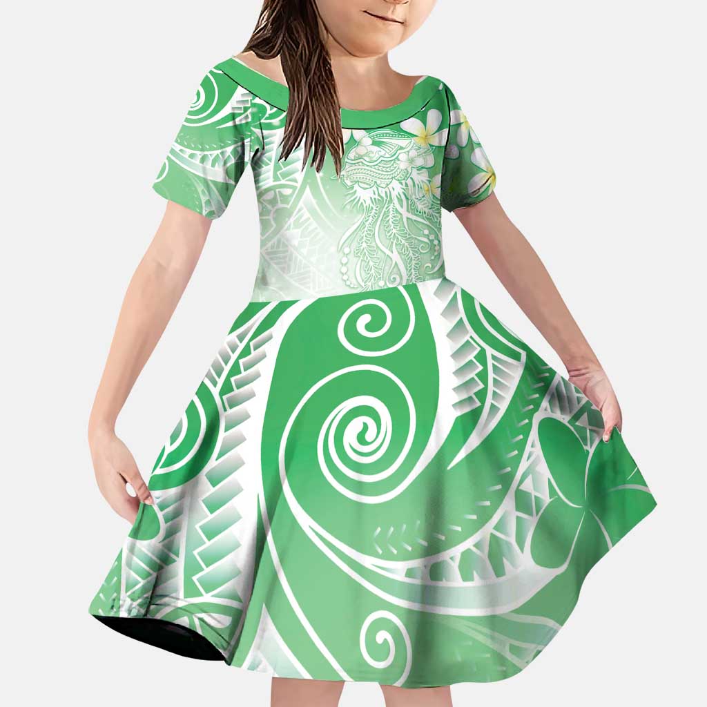 Polynesian Jellyfish Family Matching Long Sleeve Bodycon Dress and Hawaiian Shirt With Plumeria Green