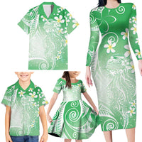 Polynesian Jellyfish Family Matching Long Sleeve Bodycon Dress and Hawaiian Shirt With Plumeria Green
