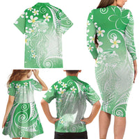 Polynesian Jellyfish Family Matching Long Sleeve Bodycon Dress and Hawaiian Shirt With Plumeria Green