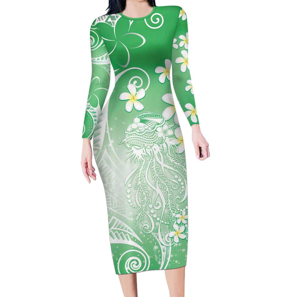 Polynesian Jellyfish Family Matching Long Sleeve Bodycon Dress and Hawaiian Shirt With Plumeria Green