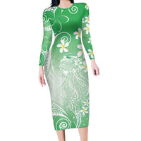 Polynesian Jellyfish Family Matching Long Sleeve Bodycon Dress and Hawaiian Shirt With Plumeria Green