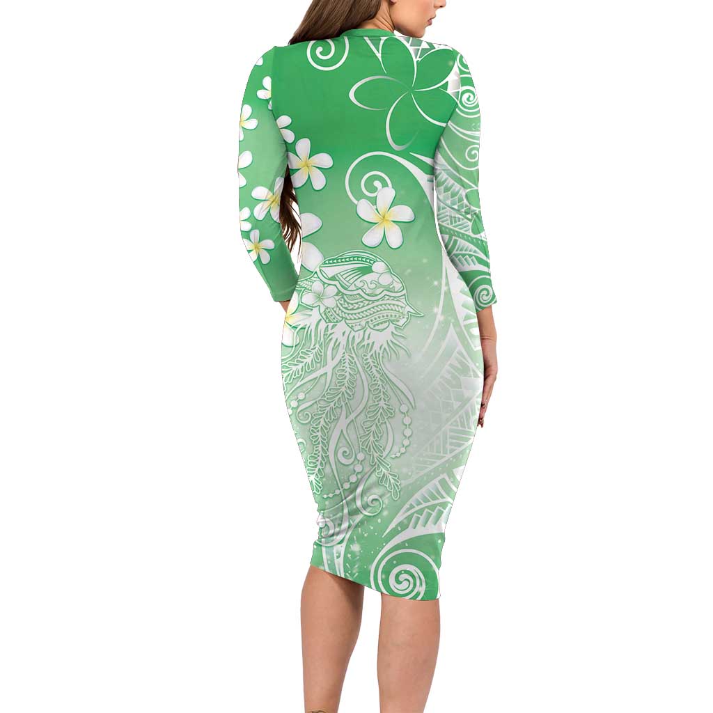 Polynesian Jellyfish Family Matching Long Sleeve Bodycon Dress and Hawaiian Shirt With Plumeria Green