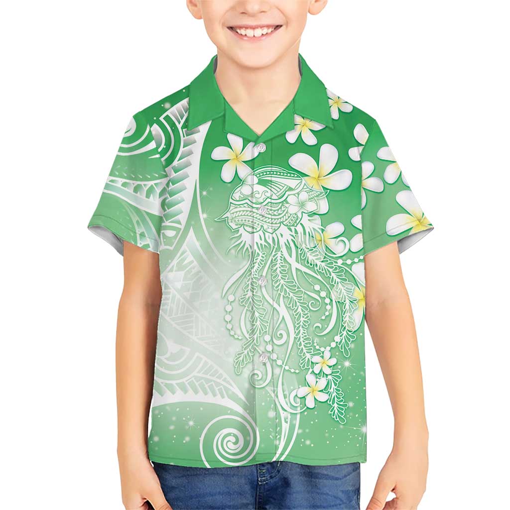 Polynesian Jellyfish Family Matching Off The Shoulder Long Sleeve Dress and Hawaiian Shirt With Plumeria Green