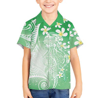 Polynesian Jellyfish Family Matching Off The Shoulder Long Sleeve Dress and Hawaiian Shirt With Plumeria Green