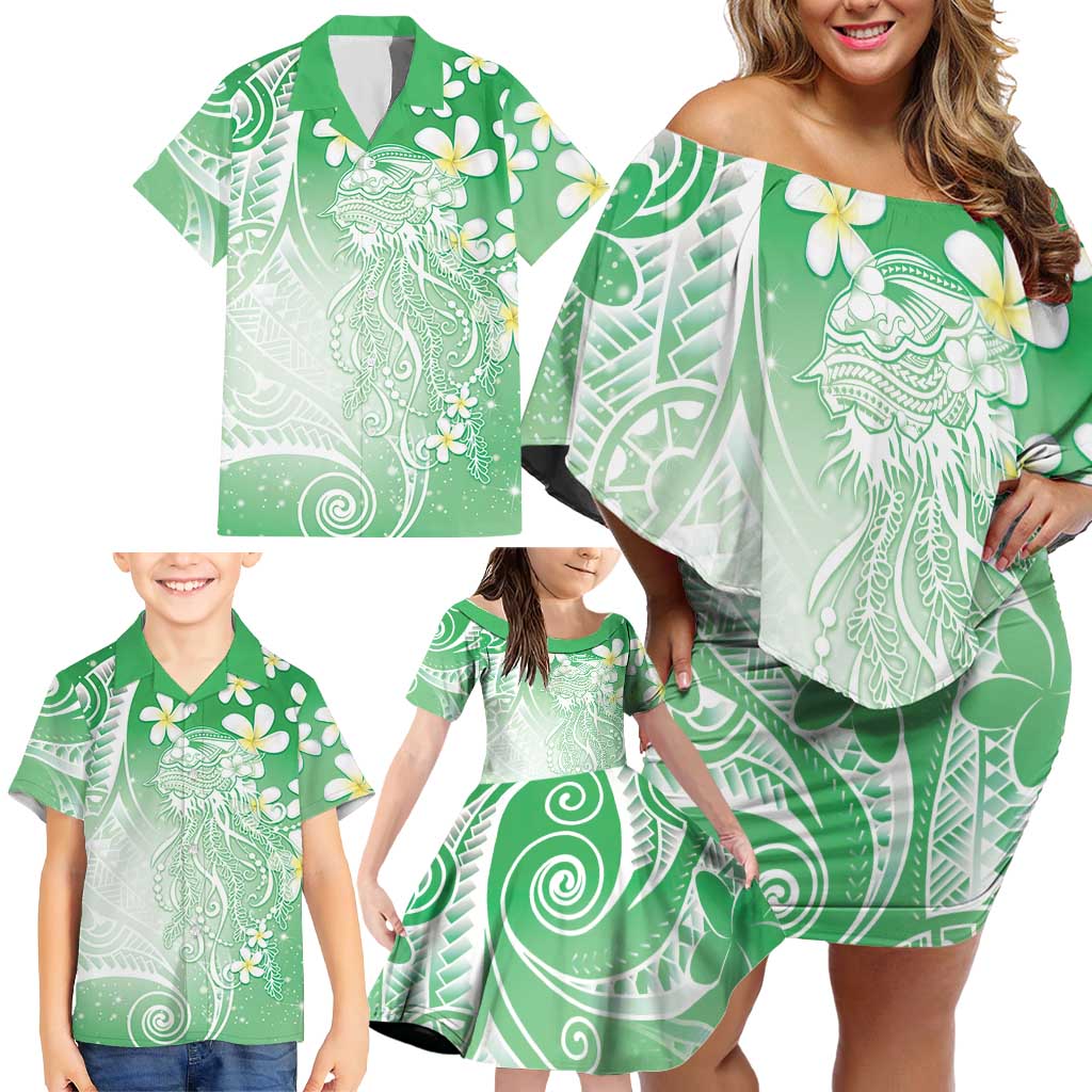 Polynesian Jellyfish Family Matching Off Shoulder Short Dress and Hawaiian Shirt With Plumeria Green