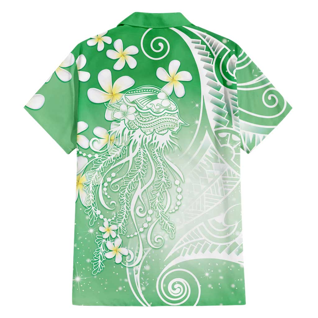 Polynesian Jellyfish Family Matching Off Shoulder Short Dress and Hawaiian Shirt With Plumeria Green