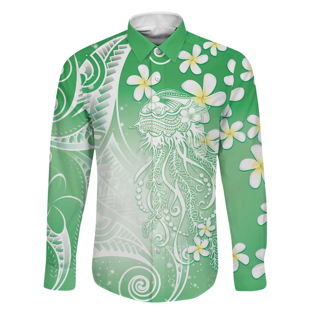 Polynesian Jellyfish Family Matching Off Shoulder Short Dress and Hawaiian Shirt With Plumeria Green