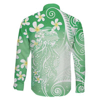 Polynesian Jellyfish Family Matching Off Shoulder Short Dress and Hawaiian Shirt With Plumeria Green