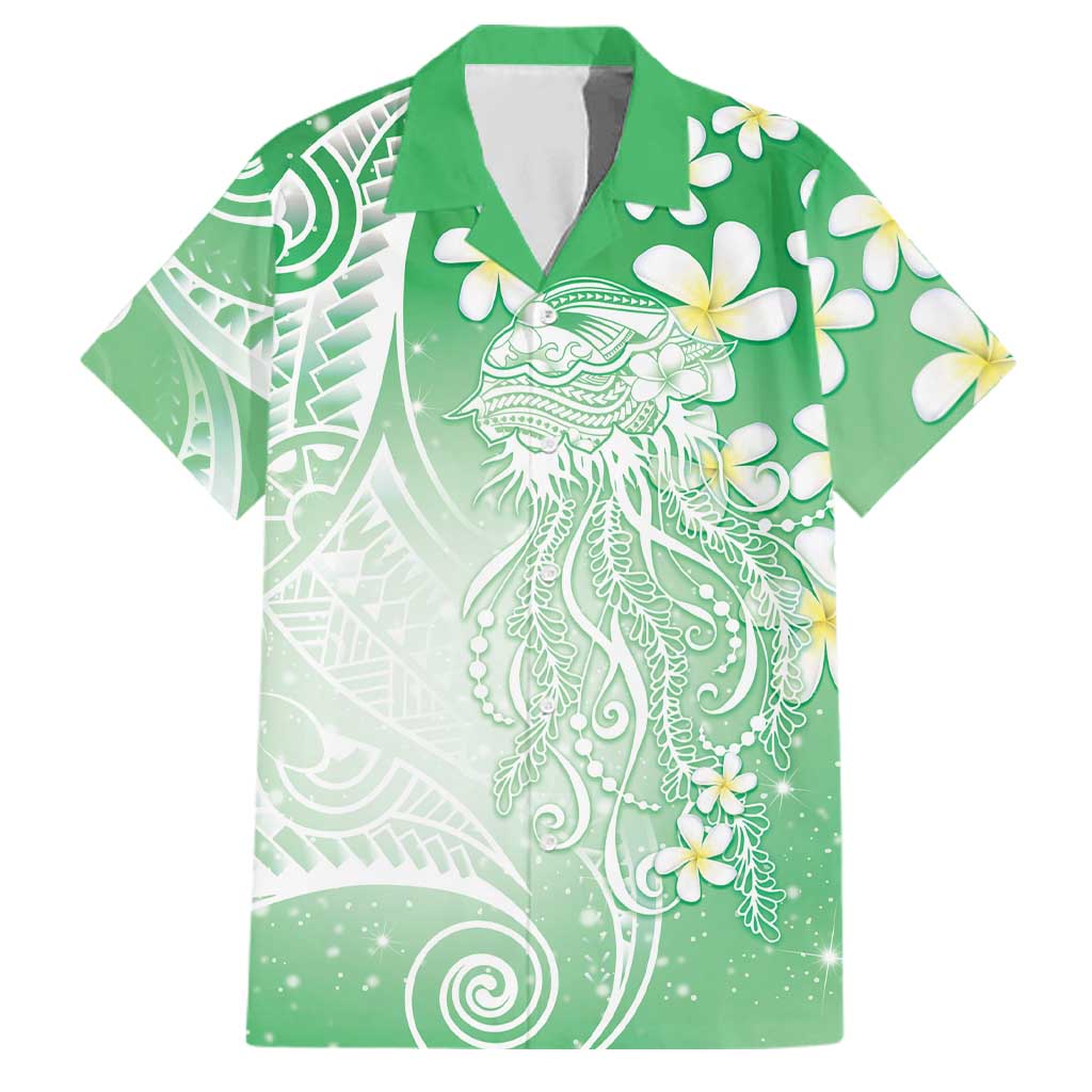 Polynesian Jellyfish Family Matching Puletasi and Hawaiian Shirt With Plumeria Green