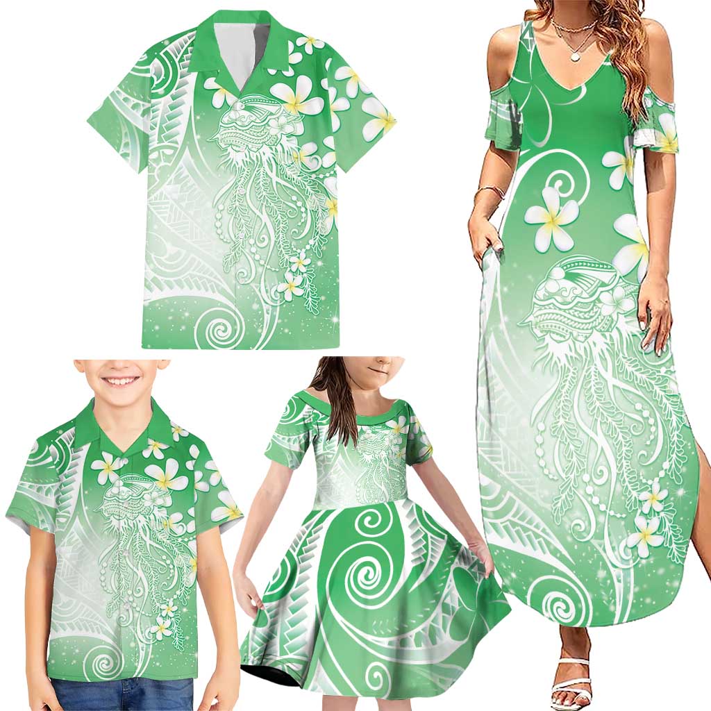 Polynesian Jellyfish Family Matching Summer Maxi Dress and Hawaiian Shirt With Plumeria Green