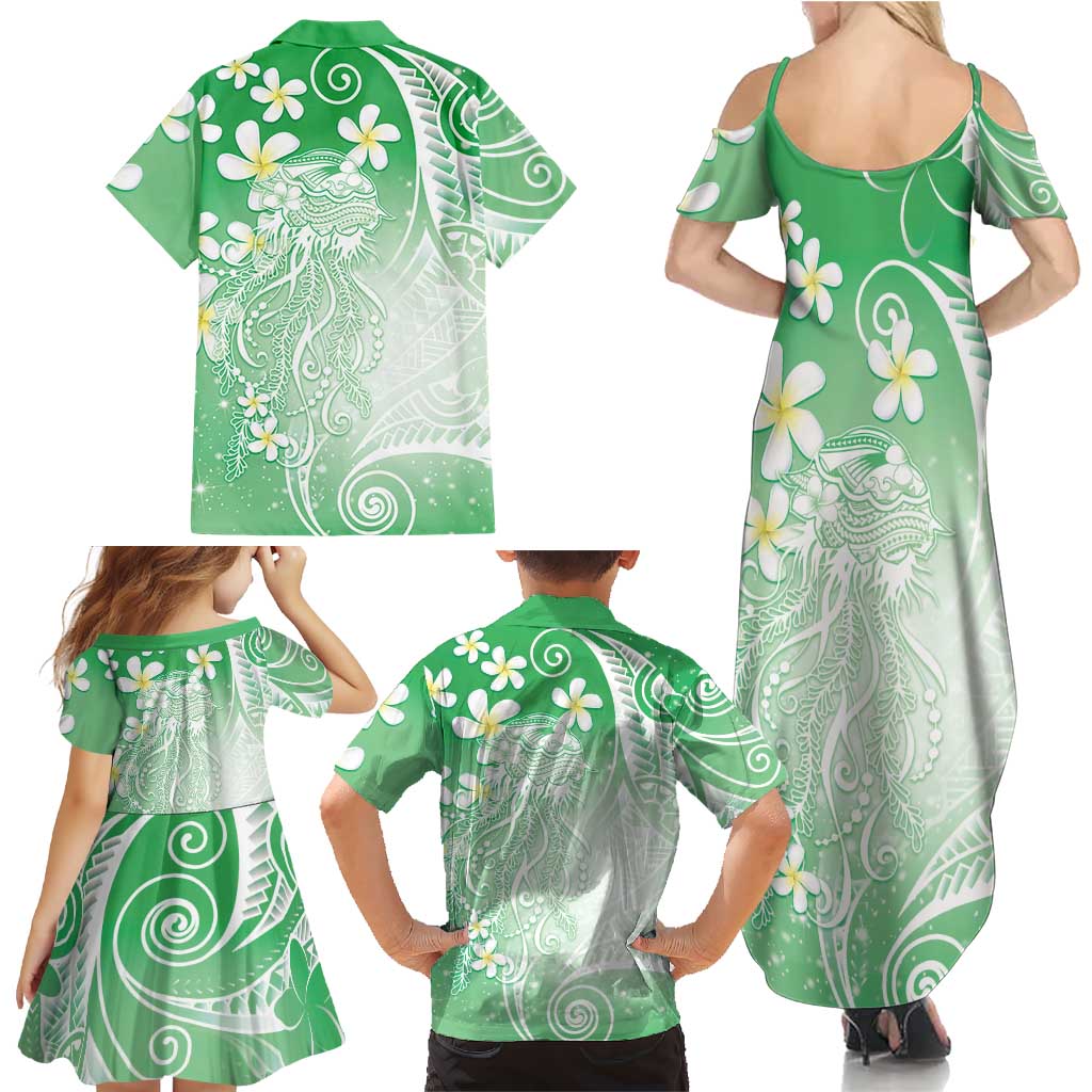 Polynesian Jellyfish Family Matching Summer Maxi Dress and Hawaiian Shirt With Plumeria Green