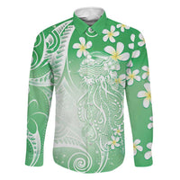 Polynesian Jellyfish Family Matching Summer Maxi Dress and Hawaiian Shirt With Plumeria Green