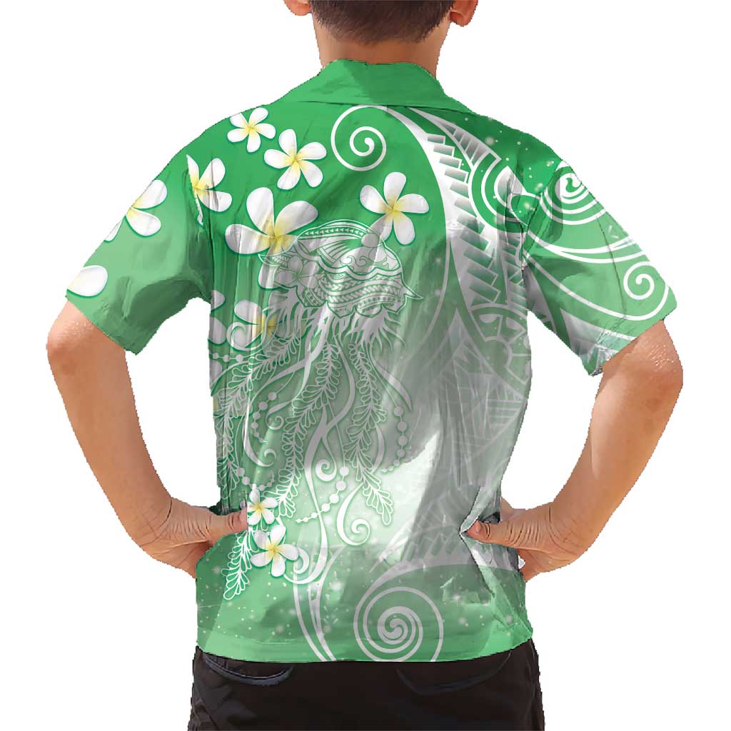 Polynesian Jellyfish Family Matching Tank Maxi Dress and Hawaiian Shirt With Plumeria Green