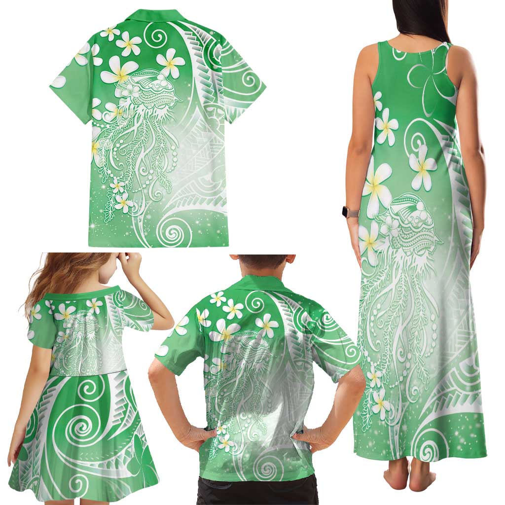 Polynesian Jellyfish Family Matching Tank Maxi Dress and Hawaiian Shirt With Plumeria Green