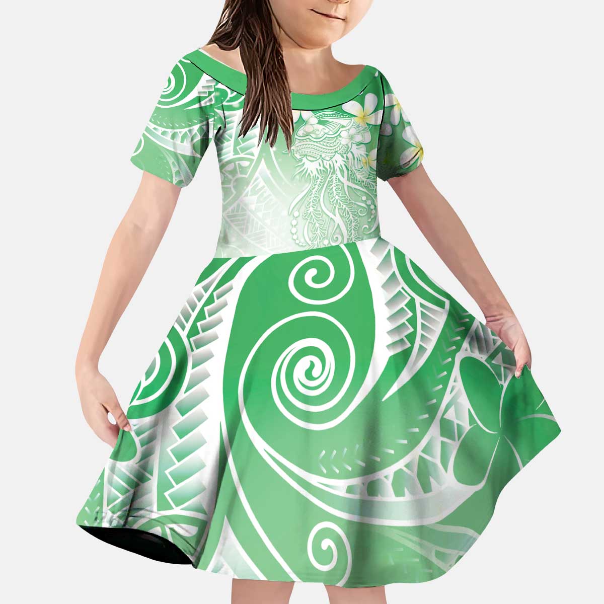 Polynesian Jellyfish Kid Short Sleeve Dress With Plumeria Green LT05 KID Green - Polynesian Pride