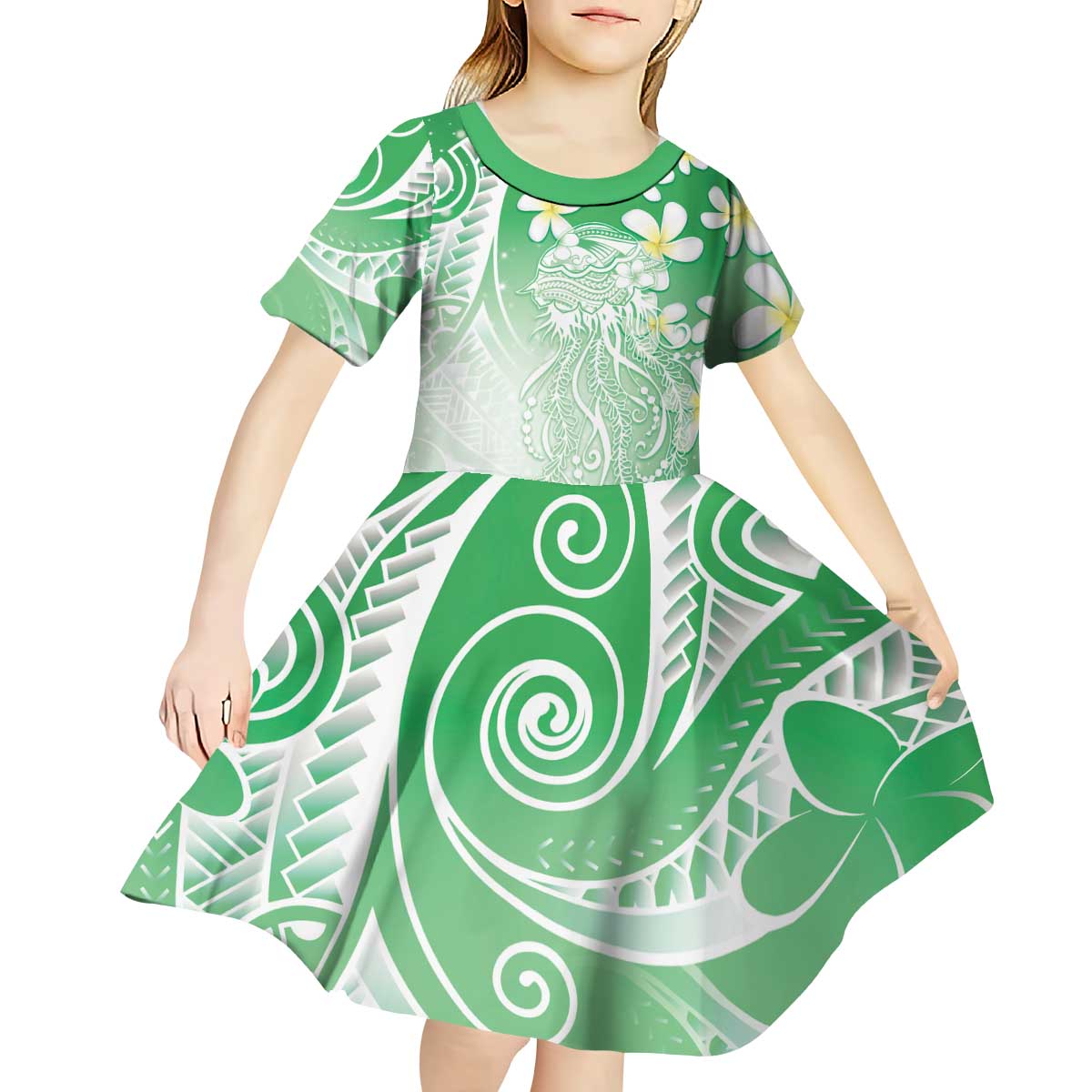 Polynesian Jellyfish Kid Short Sleeve Dress With Plumeria Green LT05 - Polynesian Pride