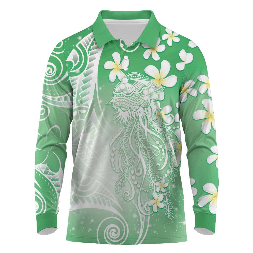 Polynesian Jellyfish Long Sleeve Polo Shirt With Plumeria Green LT05 Green - Polynesian Pride
