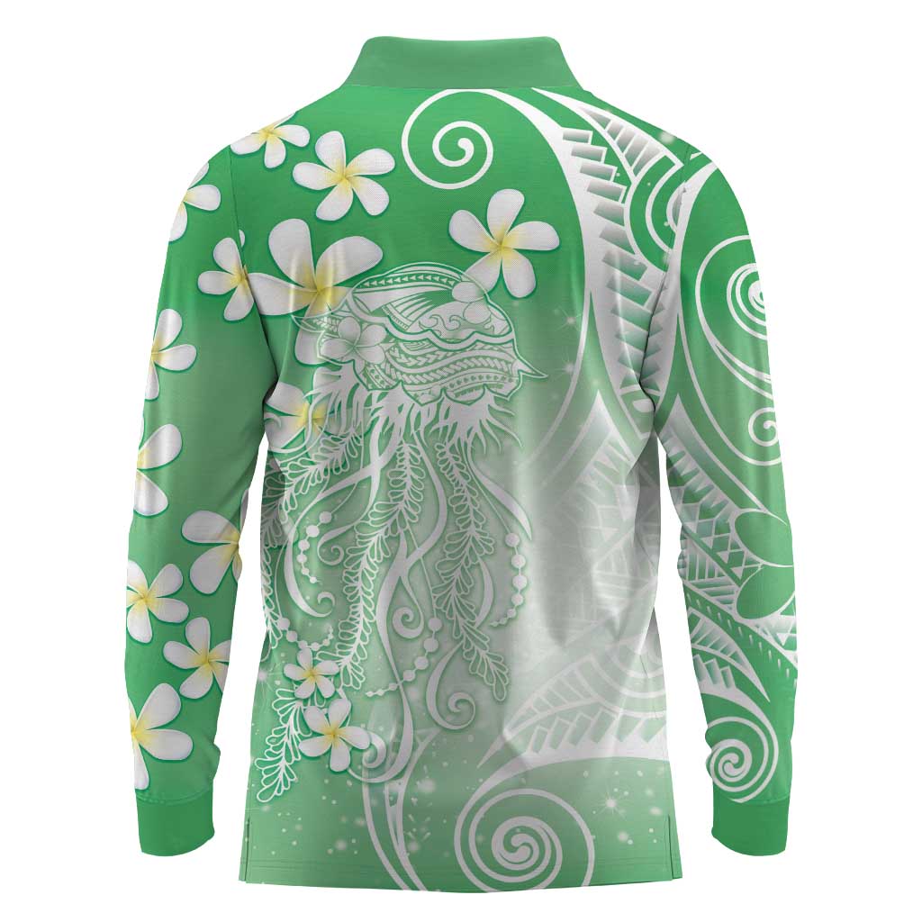 Polynesian Jellyfish Long Sleeve Polo Shirt With Plumeria Green LT05 - Polynesian Pride