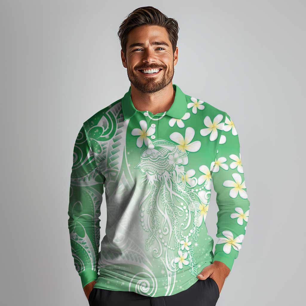 Polynesian Jellyfish Long Sleeve Polo Shirt With Plumeria Green LT05 - Polynesian Pride