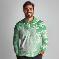 Polynesian Jellyfish Long Sleeve Polo Shirt With Plumeria Green LT05 - Polynesian Pride