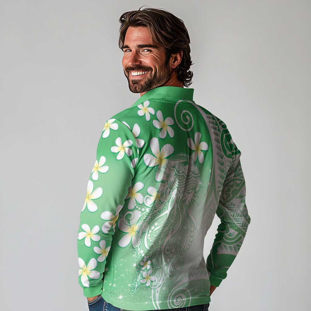 Polynesian Jellyfish Long Sleeve Polo Shirt With Plumeria Green LT05 - Polynesian Pride
