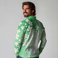 Polynesian Jellyfish Long Sleeve Polo Shirt With Plumeria Green LT05 - Polynesian Pride
