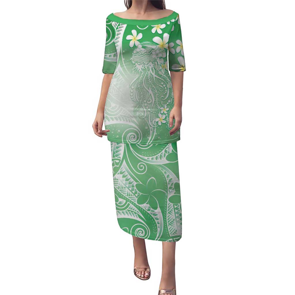 Polynesian Jellyfish Puletasi With Plumeria Green