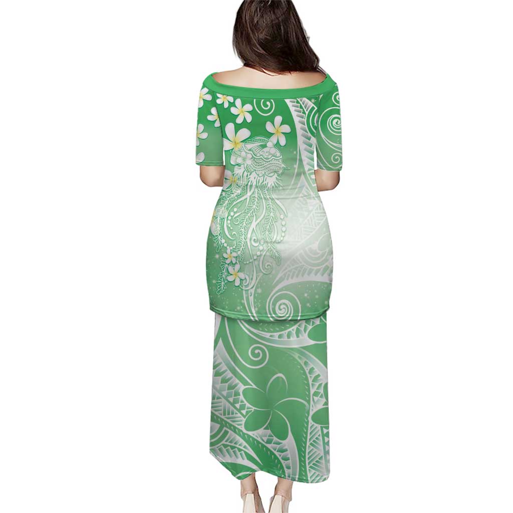 Polynesian Jellyfish Puletasi With Plumeria Green