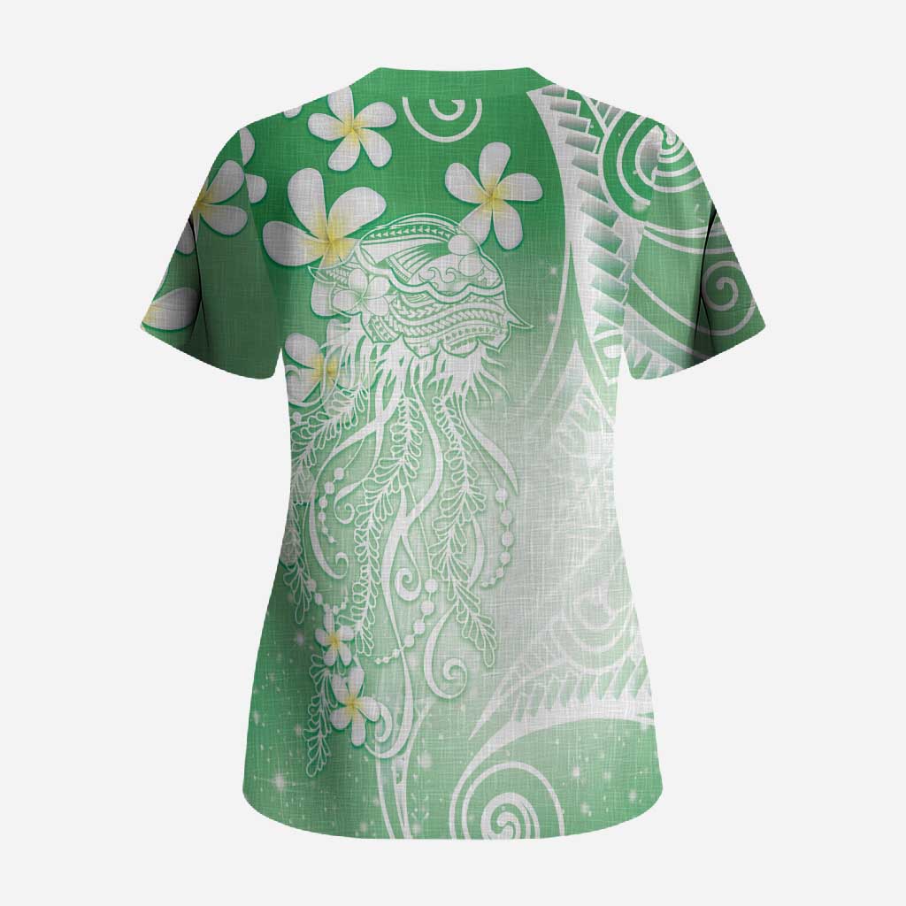 Polynesian Jellyfish Scrub Top With Plumeria Green