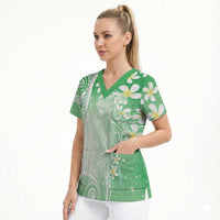 Polynesian Jellyfish Scrub Top With Plumeria Green