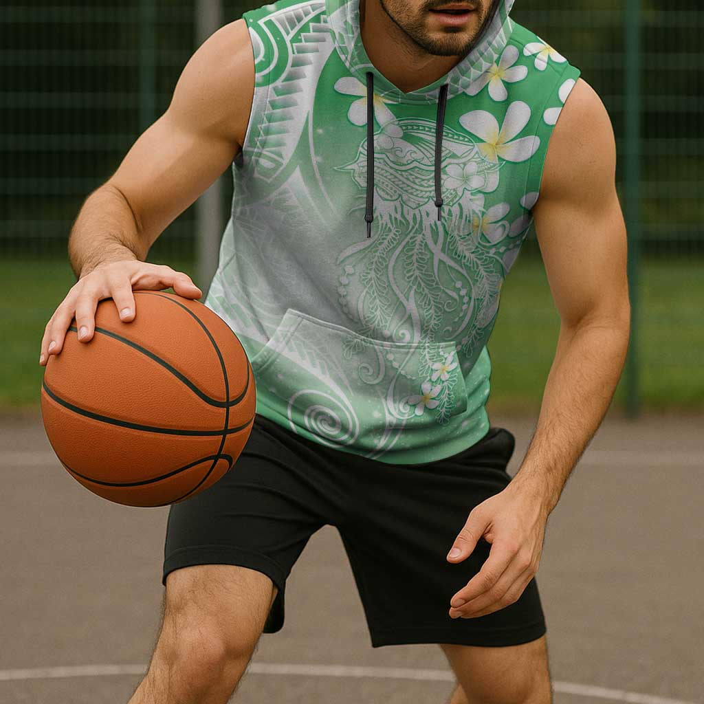 Polynesian Jellyfish Sleeveless Hoodie With Plumeria Green