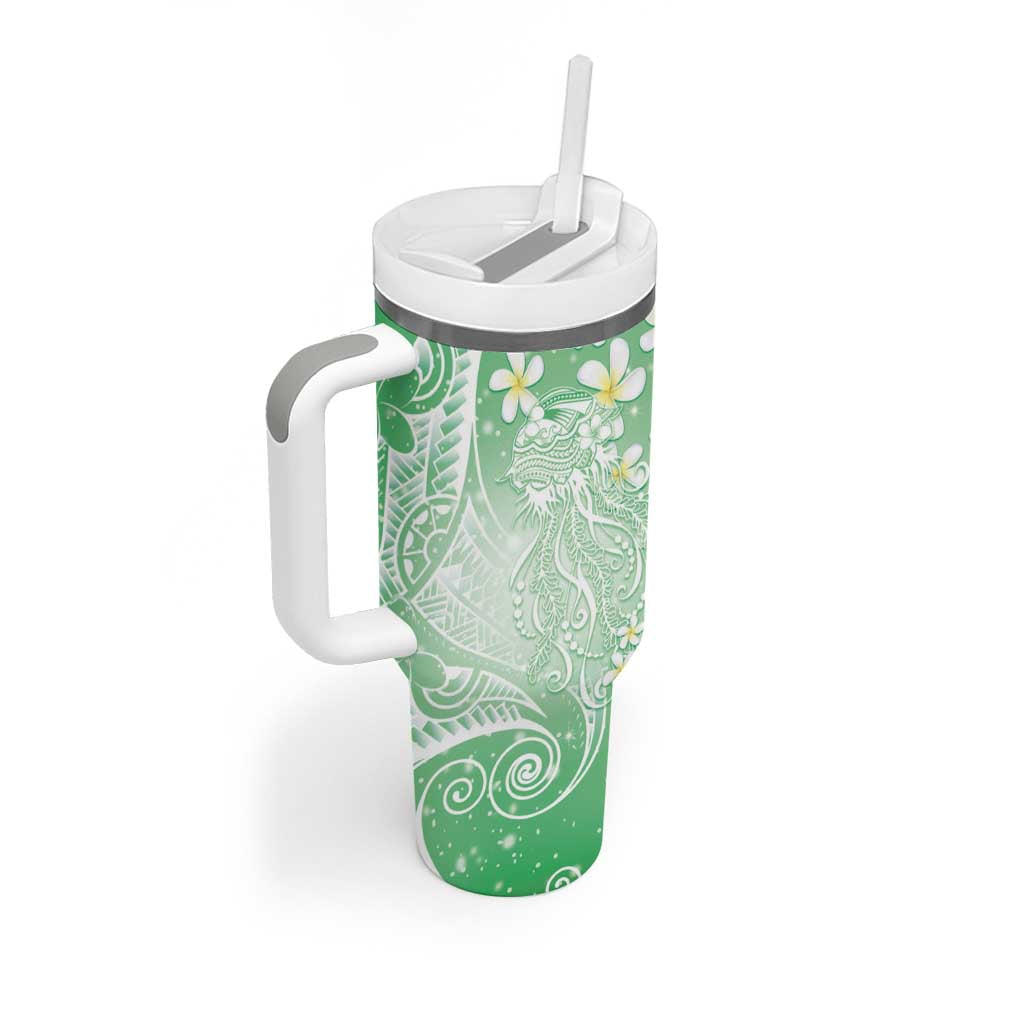 Polynesian Jellyfish Tumbler With Handle With Plumeria Green