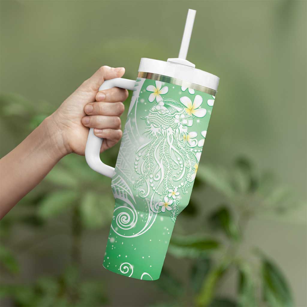 Polynesian Jellyfish Tumbler With Handle With Plumeria Green