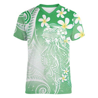 Polynesian Jellyfish Women V-Neck T-Shirt With Plumeria Green