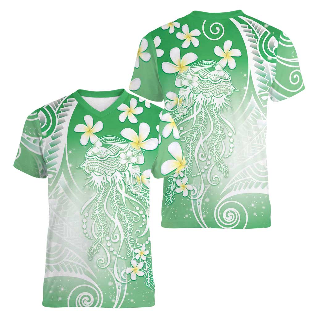 Polynesian Jellyfish Women V-Neck T-Shirt With Plumeria Green