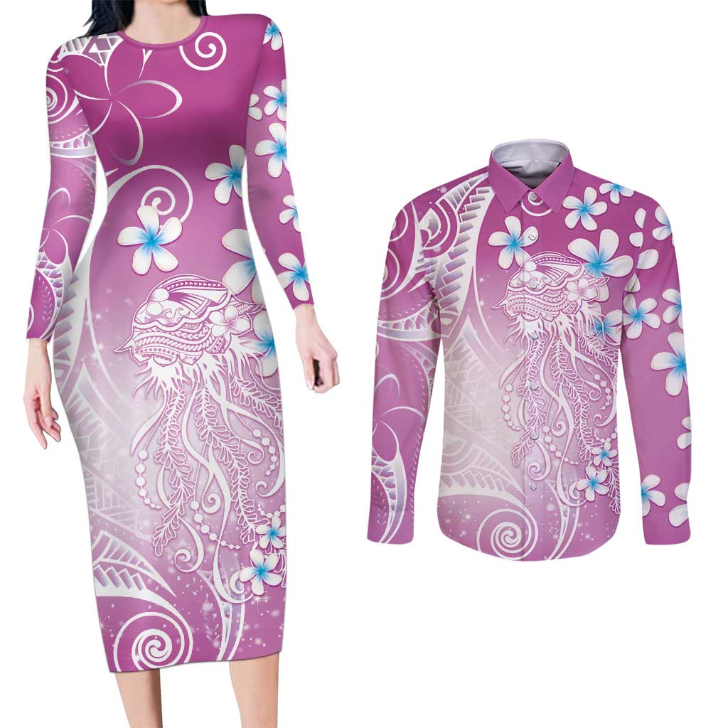 Polynesian Jellyfish Couples Matching Long Sleeve Bodycon Dress and Long Sleeve Button Shirt With Plumeria Pink