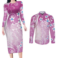 Polynesian Jellyfish Couples Matching Long Sleeve Bodycon Dress and Long Sleeve Button Shirt With Plumeria Pink