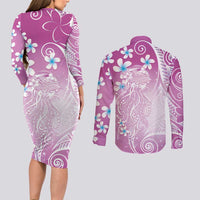 Polynesian Jellyfish Couples Matching Long Sleeve Bodycon Dress and Long Sleeve Button Shirt With Plumeria Pink